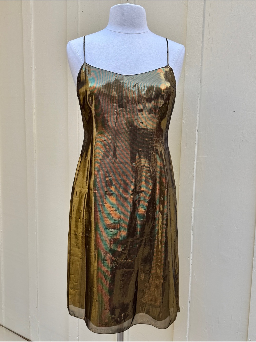 Rickie Freeman Teri Jon Gold Silk Slip Dress 8 Metallic Y2K 90s Party Vamp Retro